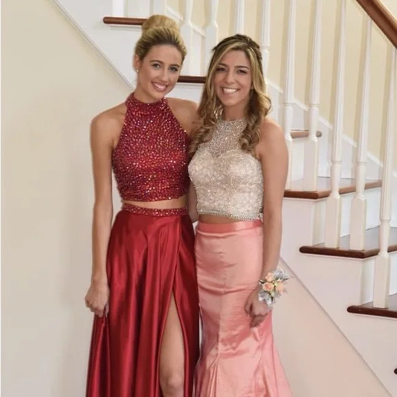 Sherri Hill | Dresses | Sherri Hill Red Satin Beaded Twopiece Prom Dress  With Slit Eyelet Halter | Poshmark
